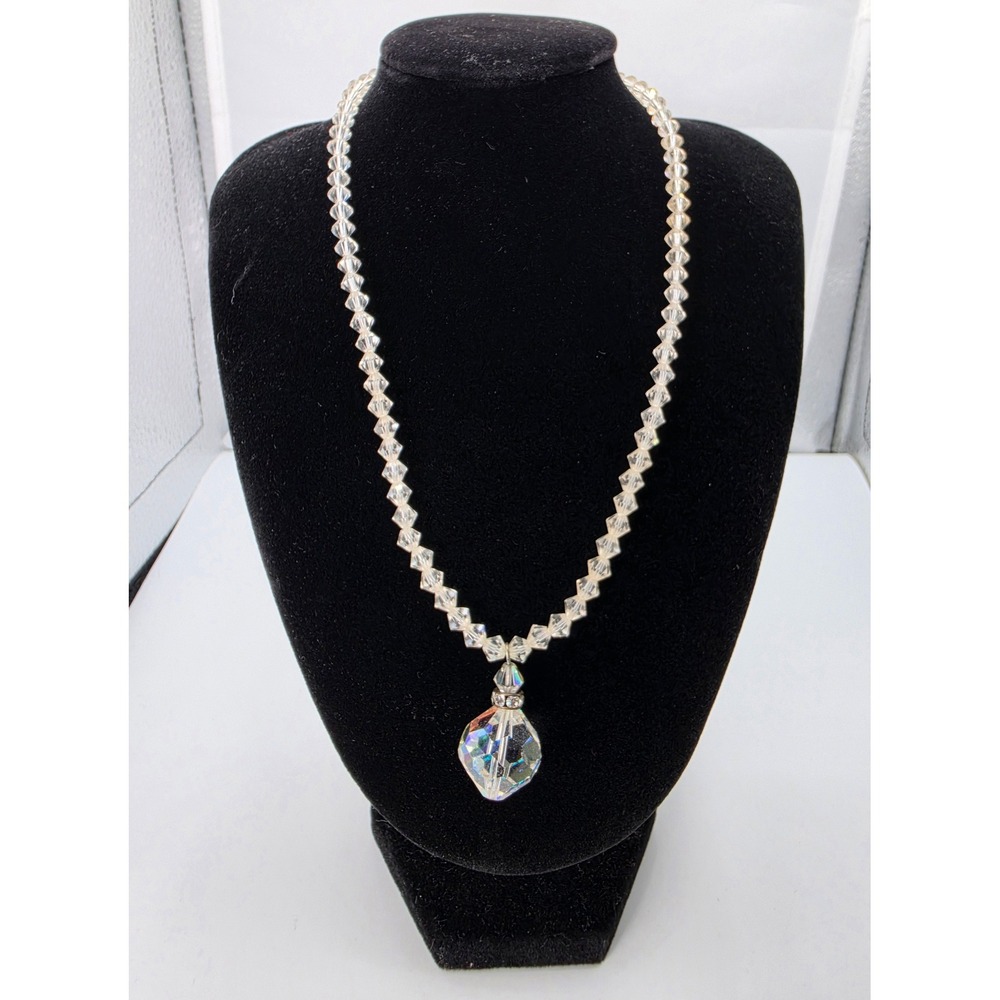Vintage AB Aurora Borealis Crystal Pendant Bicone Bead Necklace Silver Tone 15in